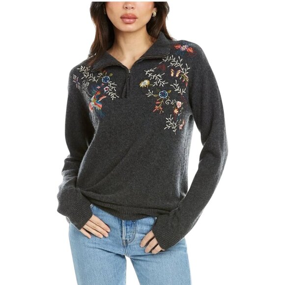 Johnny Was Dreamer 1/4 Zip Cashmere Sweater, Bird Embroidery XS - Picture 1 of 10